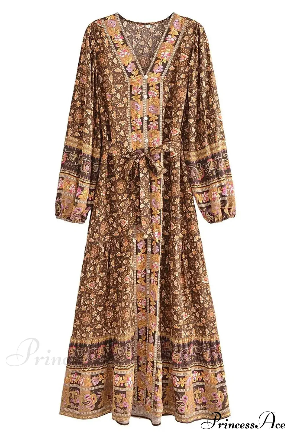 Deep V-neck Floral Long Sleeve Cotton Boho Dress