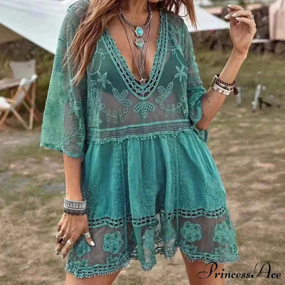 Delicate Deep Plunge Botanical Stitching Bohemian Wrap
