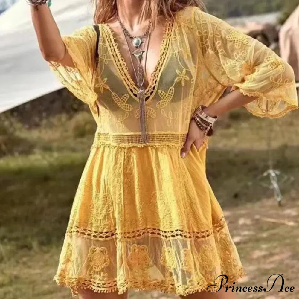 Delicate Deep Plunge Botanical Stitching Bohemian Wrap