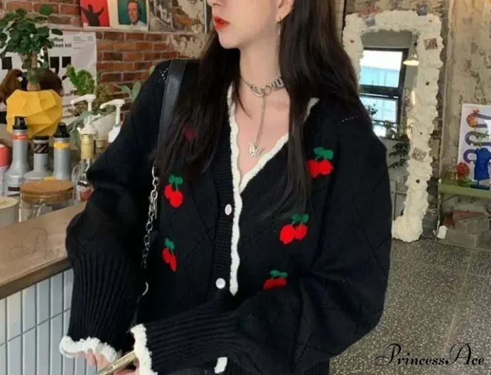 Delightful Cherry Button-Up Patchwork Knit Cardigan