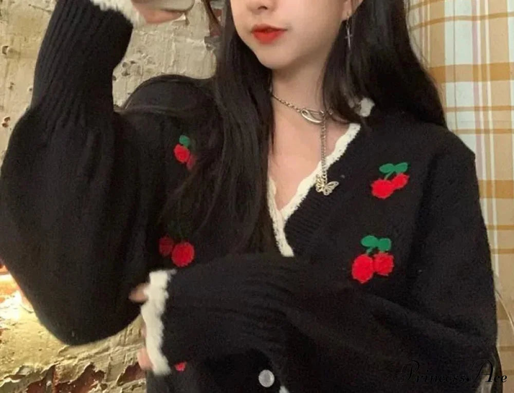 Delightful Cherry Button-Up Patchwork Knit Cardigan