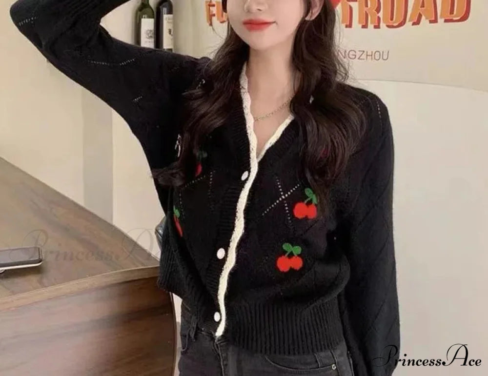 Delightful Cherry Button-Up Patchwork Knit Cardigan