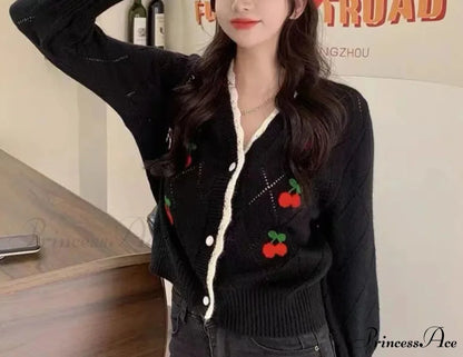 Delightful Cherry Button-Up Patchwork Knit Cardigan