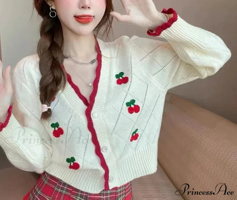 Delightful Cherry Button-Up Patchwork Knit Cardigan
