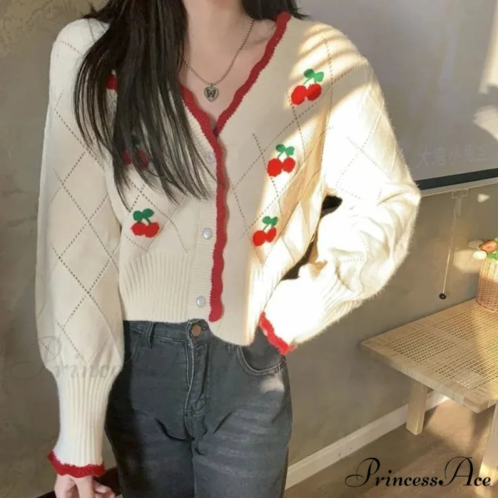 Delightful Cherry Button-Up Patchwork Knit Cardigan