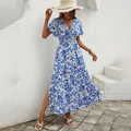 Floral Print V Neck Ruched Waist Side Split Flowy Maxi Dress