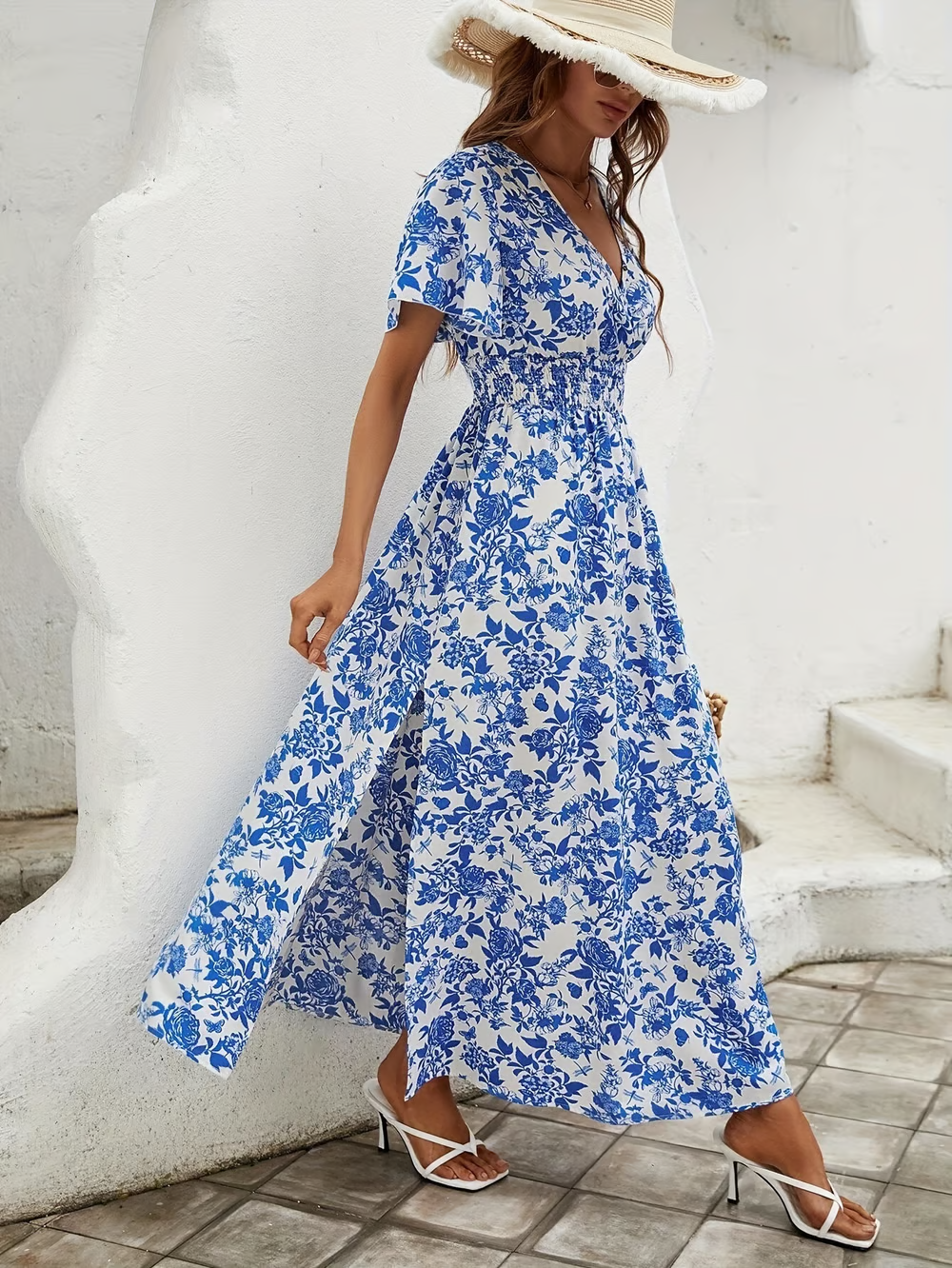 Floral Print V Neck Ruched Waist Side Split Flowy Maxi Dress