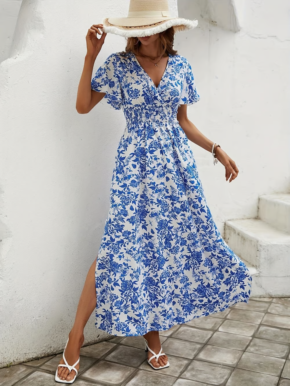 Floral Print V Neck Ruched Waist Side Split Flowy Maxi Dress
