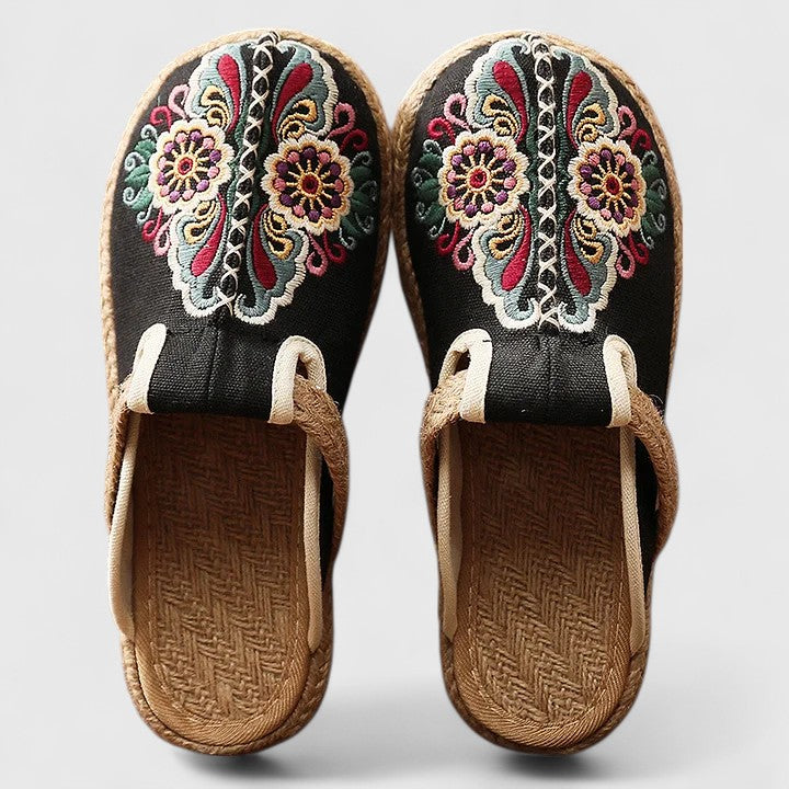 Floral Embroidered Slip On Jute Trim Flat Espadrille
