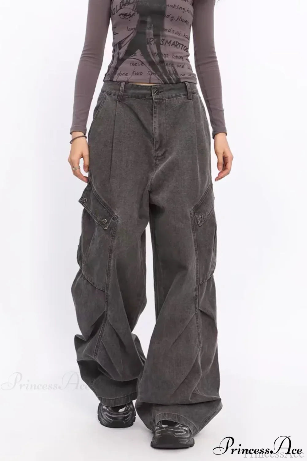 Woman wearing Black Denim Wide-Leg Cargo Pants from Hicosy — view 3