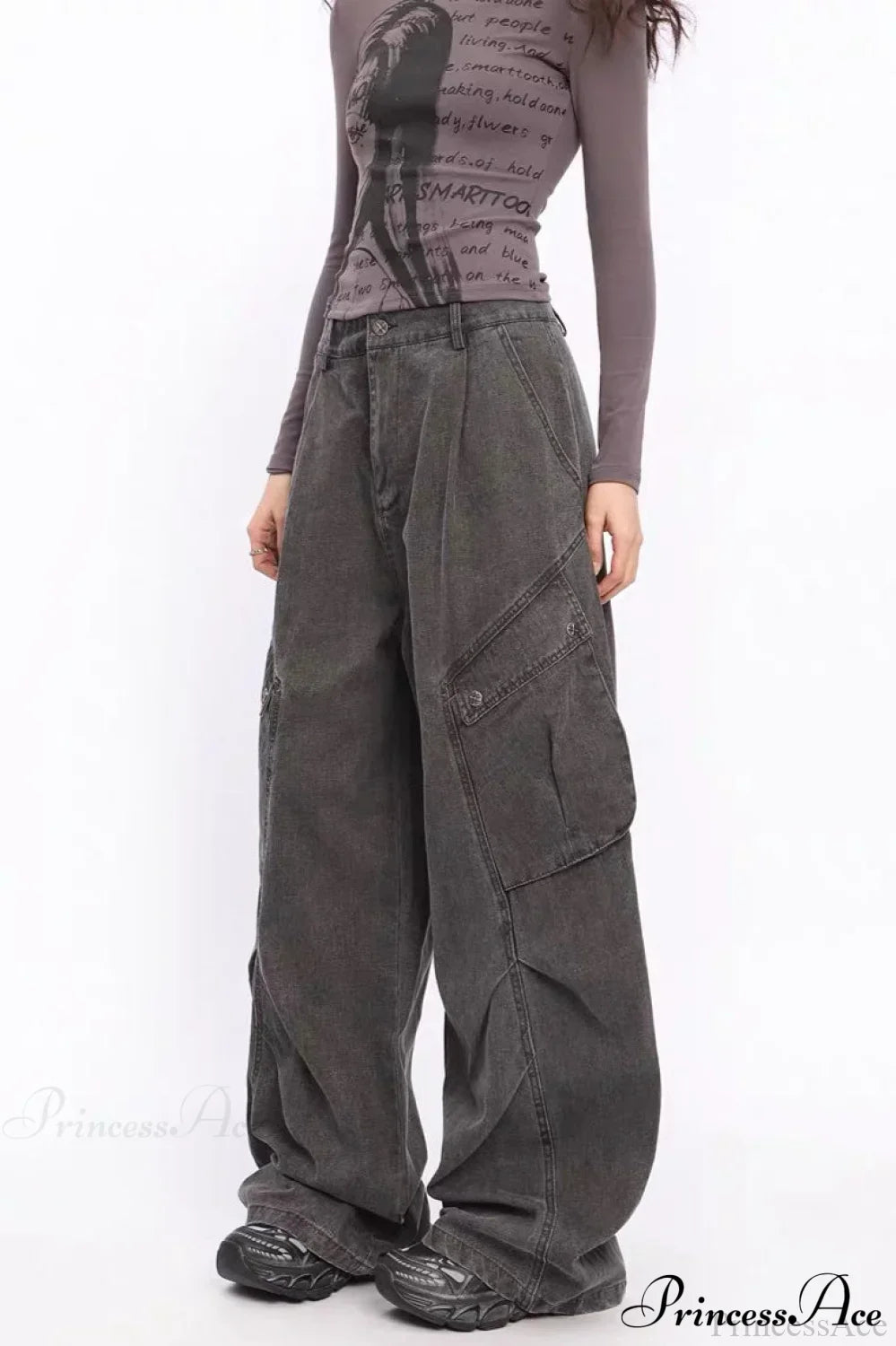 Woman wearing Black Denim Wide-Leg Cargo Pants from Hicosy — view 2