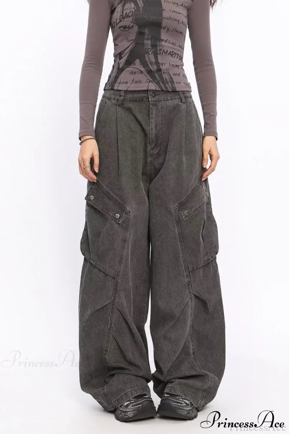 Woman wearing Black Denim Wide-Leg Cargo Pants from Hicosy
