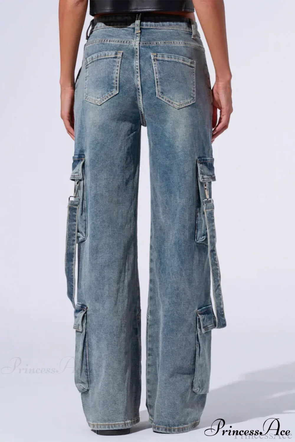 Woman wearing Wide-Leg Denim Multi-Pocket Cargos from Hicosy — view 4