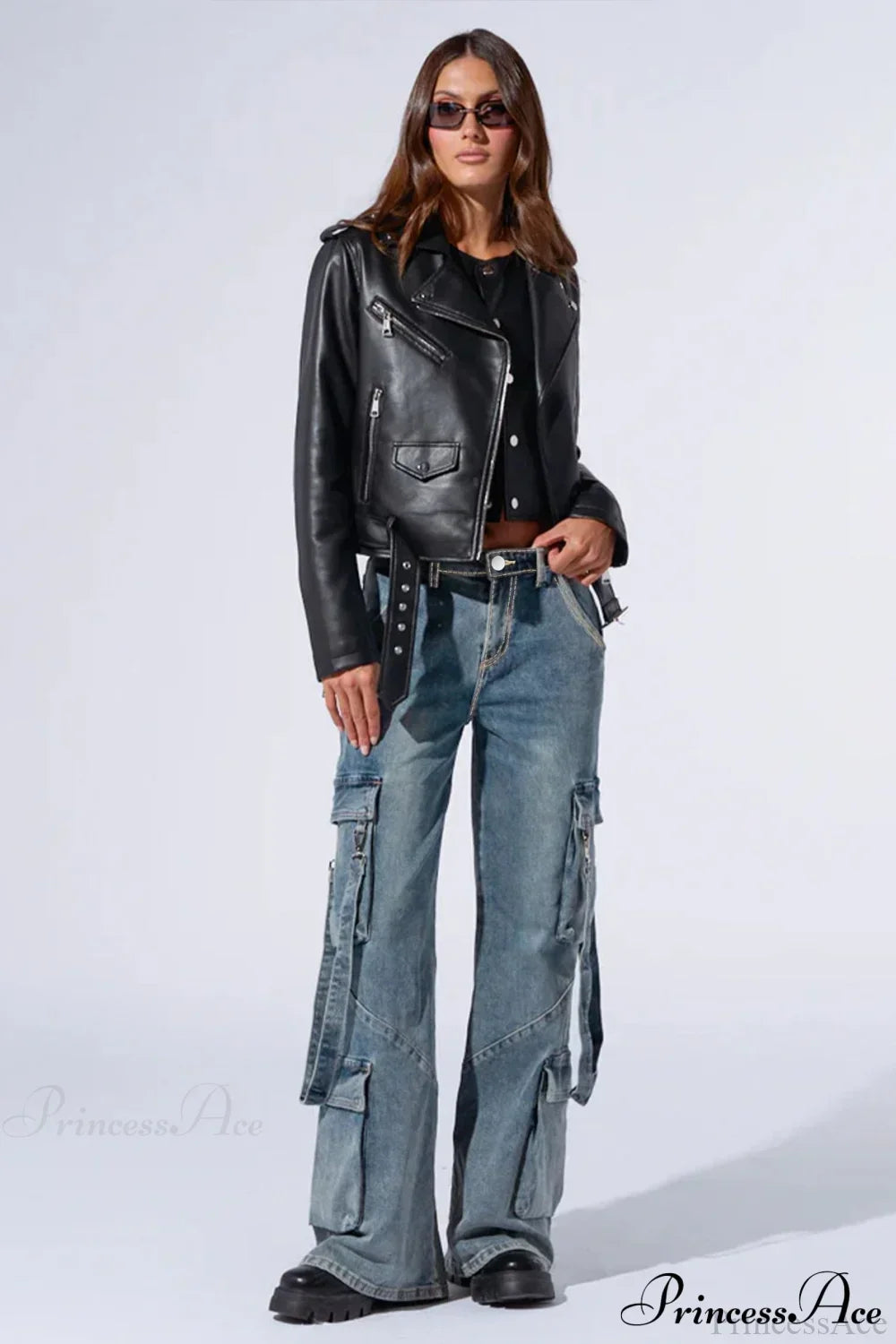 Woman wearing Wide-Leg Denim Multi-Pocket Cargos from Hicosy — view 2