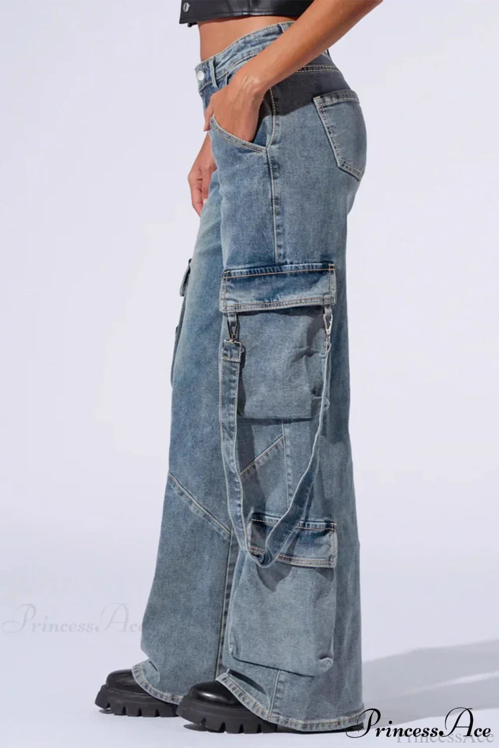 Woman wearing Wide-Leg Denim Multi-Pocket Cargos from Hicosy — view 3