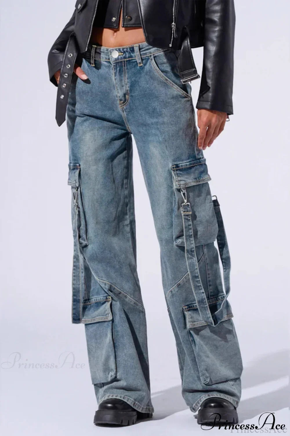 Woman wearing Wide-Leg Denim Multi-Pocket Cargos from Hicosy