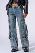 Woman wearing Wide-Leg Denim Multi-Pocket Cargos from Hicosy