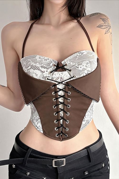 Chic Color Block Lace Insert Tie Waist Backless Halter Top