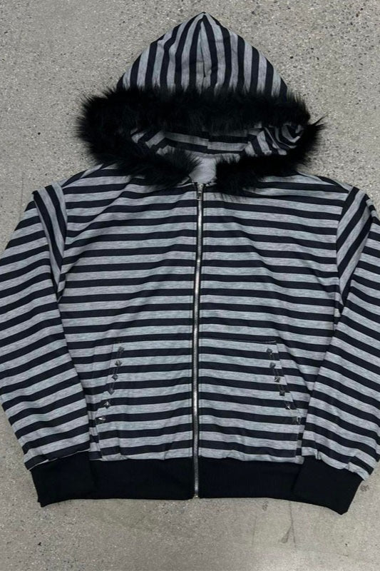 Woman wearing Striped Zip Hoodie with Faux-Fur Hood from Hicosy