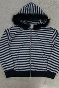Woman wearing Striped Zip Hoodie with Faux-Fur Hood from Hicosy