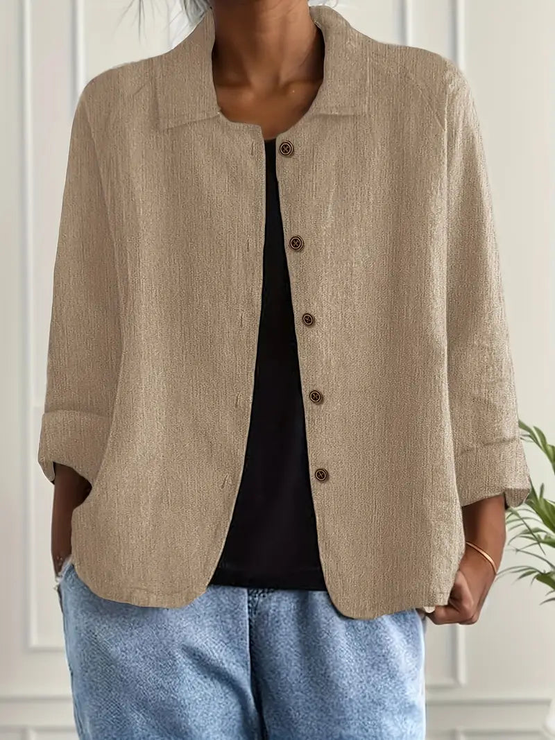 Textured Button Front Collared 3/4 Sleeve Linen Blazer
