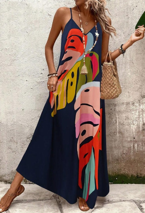 Abstract Tropical Print Spaghetti Strap V Neck Flowy Maxi Dress