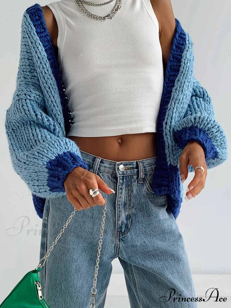 Different Color Open Front Baggy Knit Cardigan