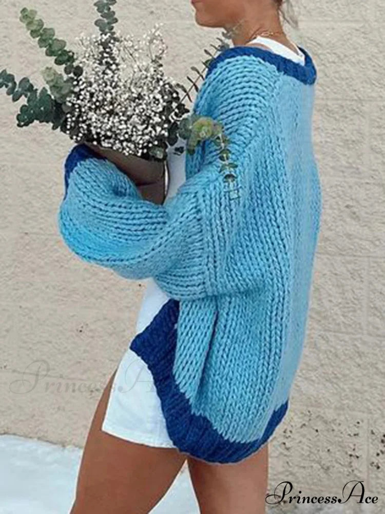 Different Color Open Front Baggy Knit Cardigan