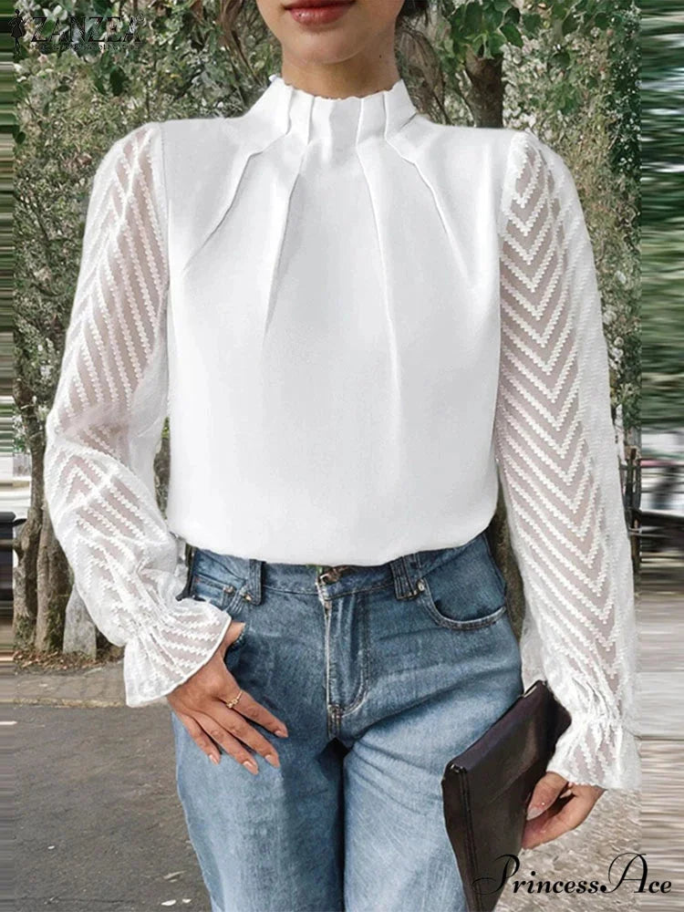 Dotted Folded High Neck Long Sleeve Blouse