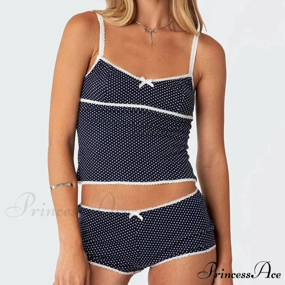 Dotted Retro Crop Tops Mini Shorts Two Pieces Set