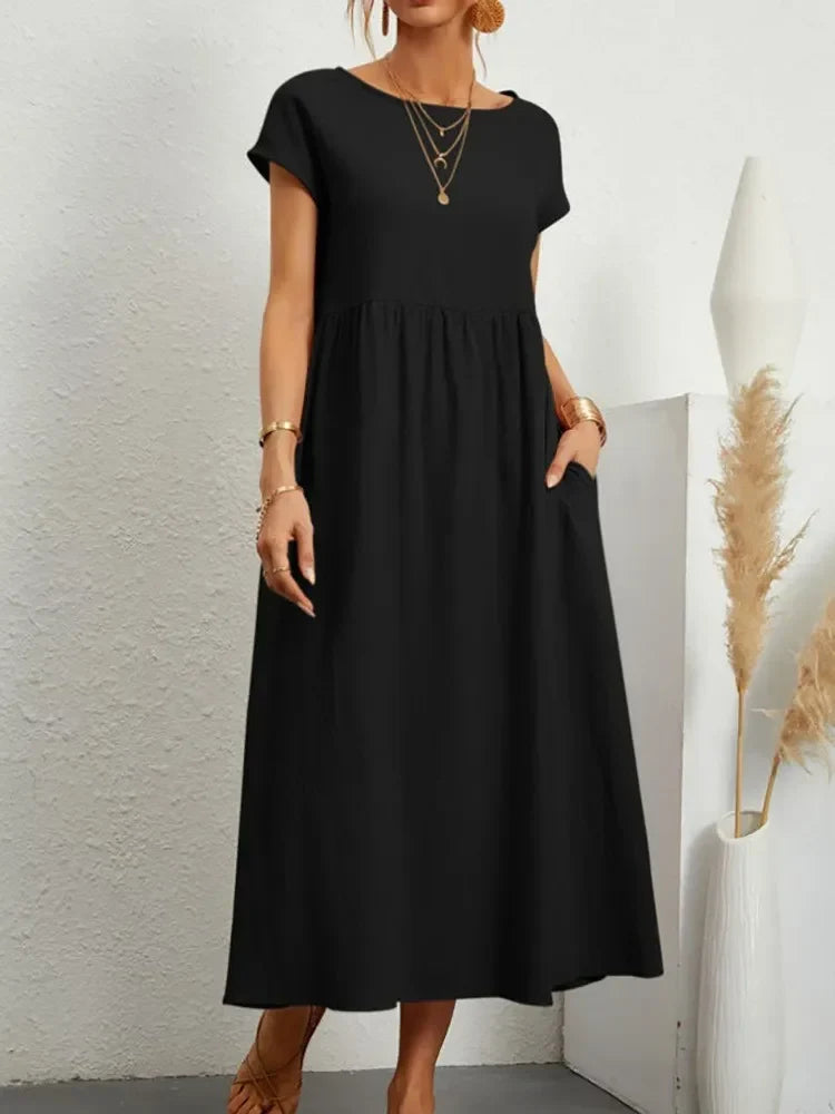 Smock Waist Short Sleeve Casual Maxi Dress