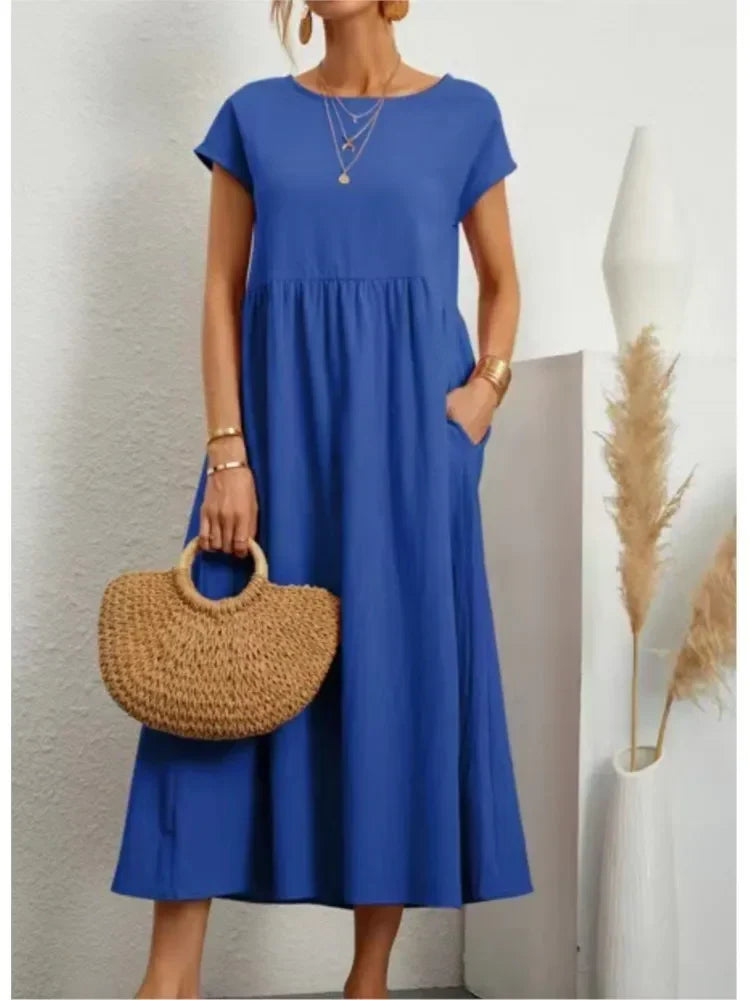 Smock Waist Short Sleeve Casual Maxi Dress