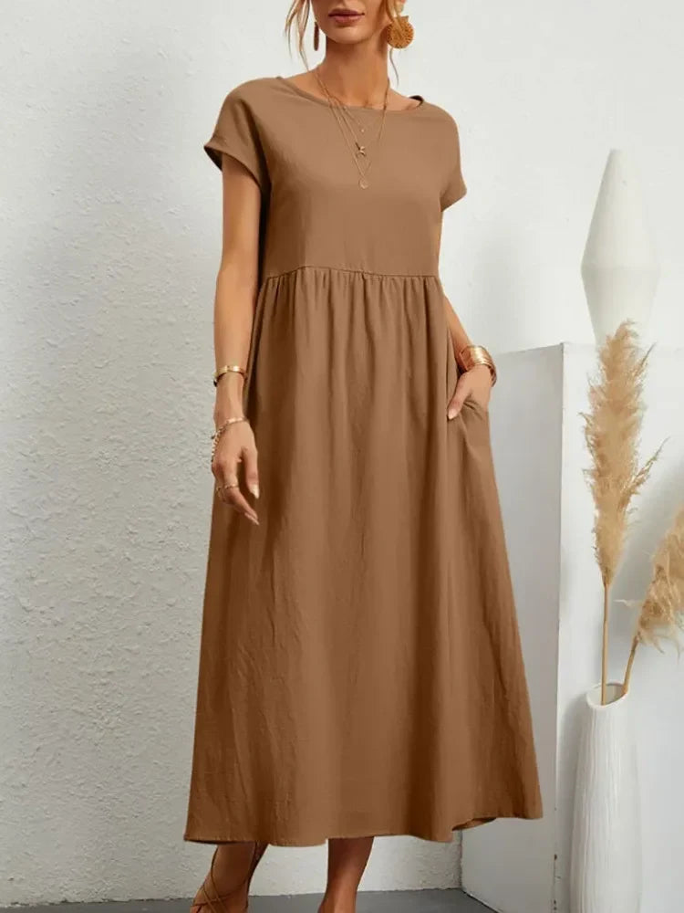 Smock Waist Short Sleeve Casual Maxi Dress