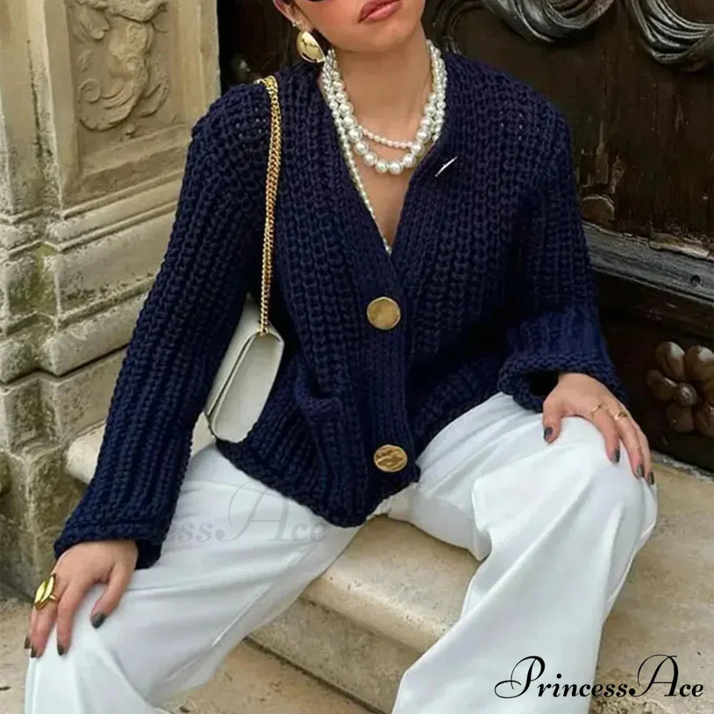 Durable Button-Up V-Neck Informal Knitted Cardigan