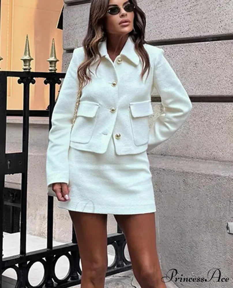 Woman wearing Cropped Work Jacket and Mini Skirt Set from Hicosy — view 2