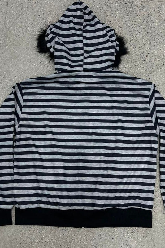 Woman wearing Striped Zip Hoodie with Faux-Fur Hood from Hicosy — view 4