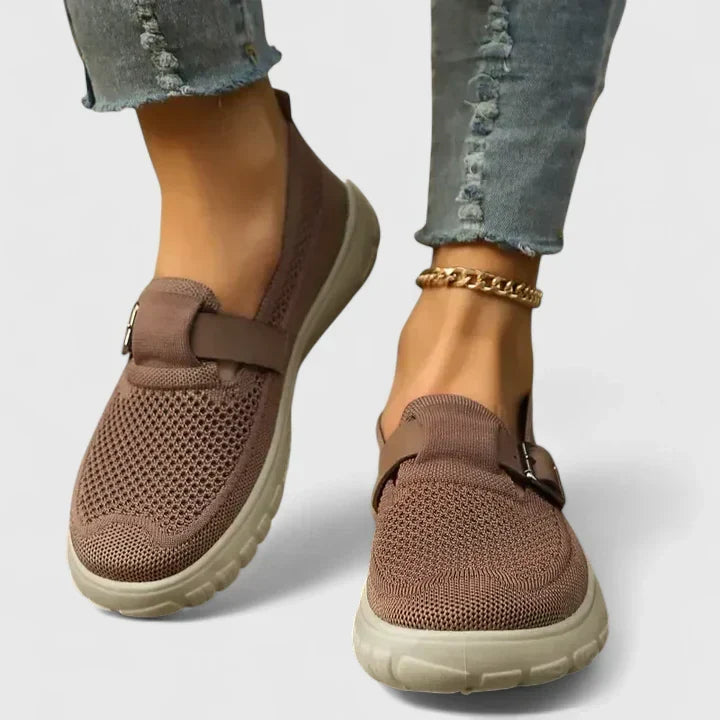 Buckle Strap Mesh Knit Slip On Casual Sneaker