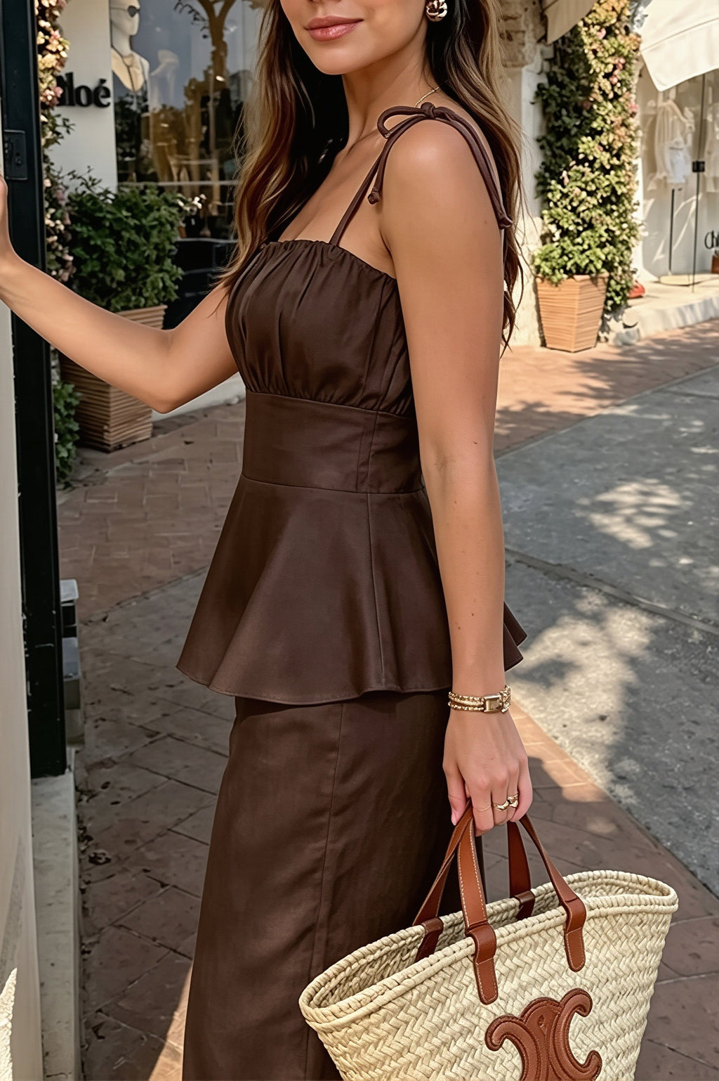 Chic Cami With Ruffle Hem Slim Pants Two Piece Set