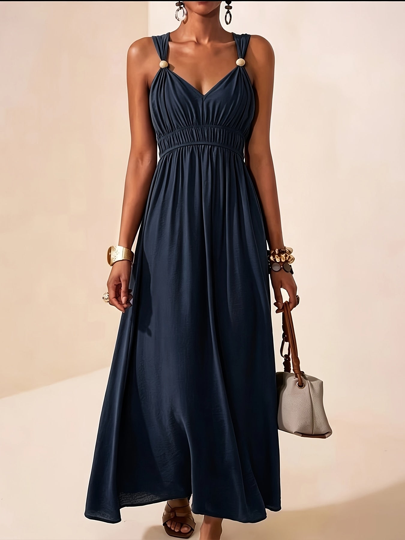 Gold Ring Strap Ruched Bust V Neck Flowy Maxi Dress