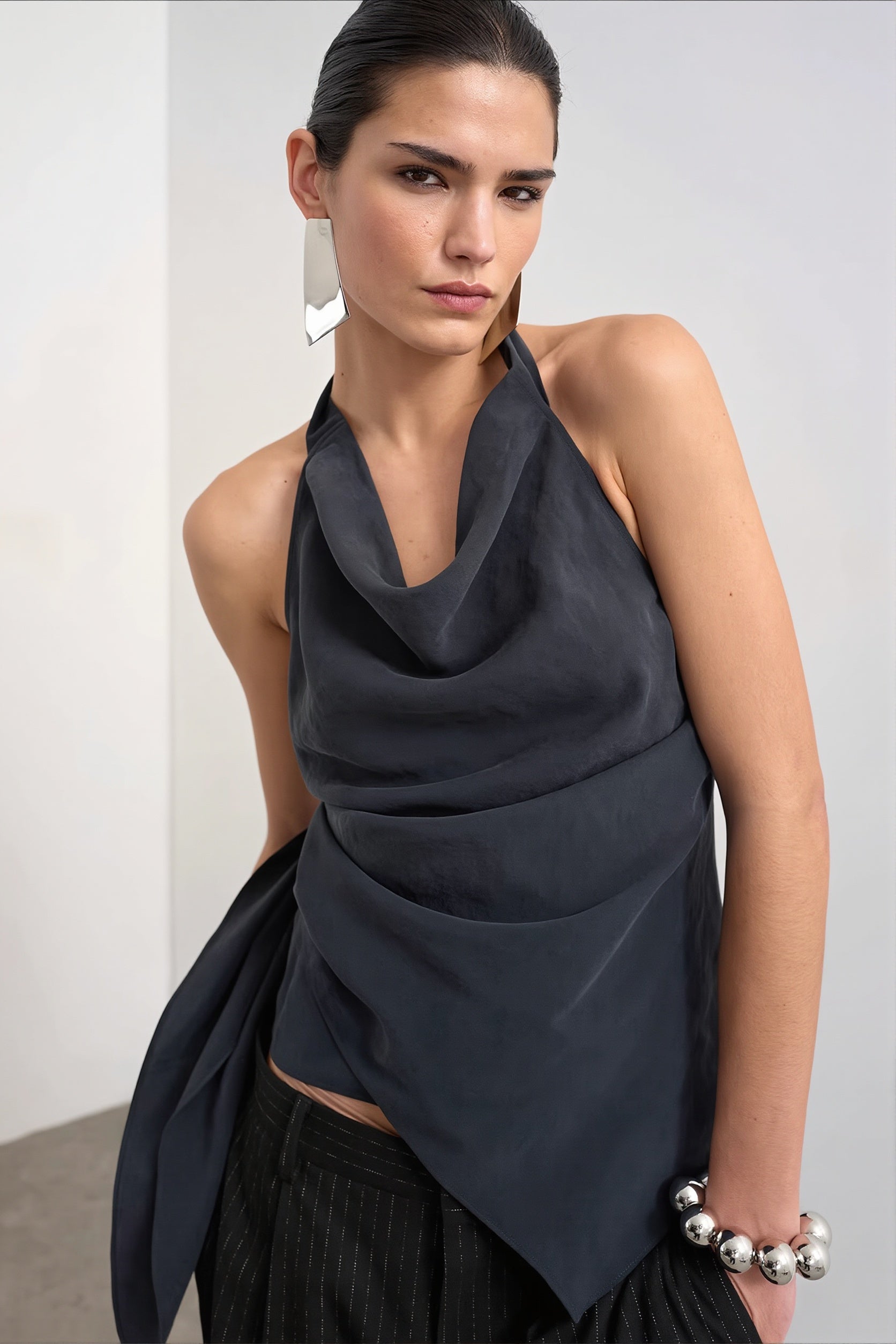 Cowl Neck Backless Asym Draped Halter Top