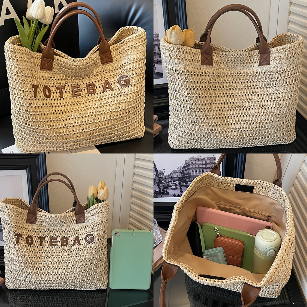 Large Woven Tote Bag with Leather Handles