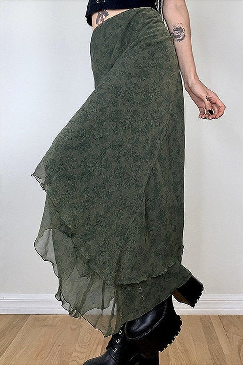 Floral Green Chiffon Irregular Maxi Skirt