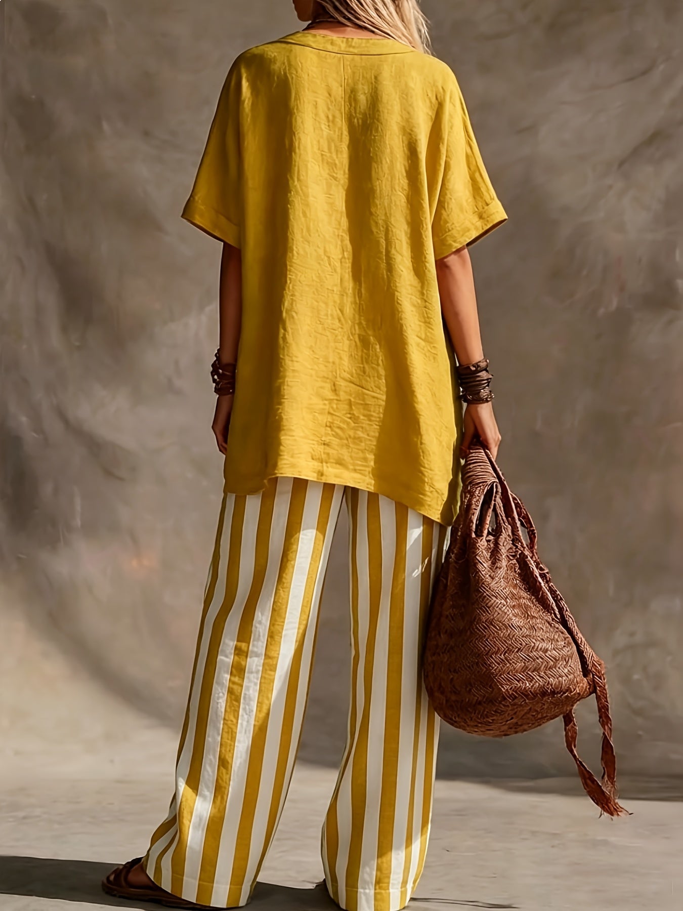 Linen V Neck Short Sleeve Top and Striped Wide Leg Pants Set