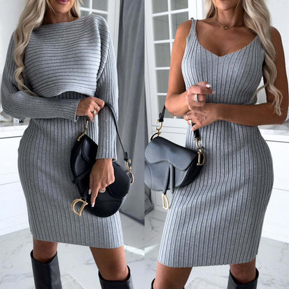 2pcs Suit Women's Solid Stripe Long-sleeved Skirt