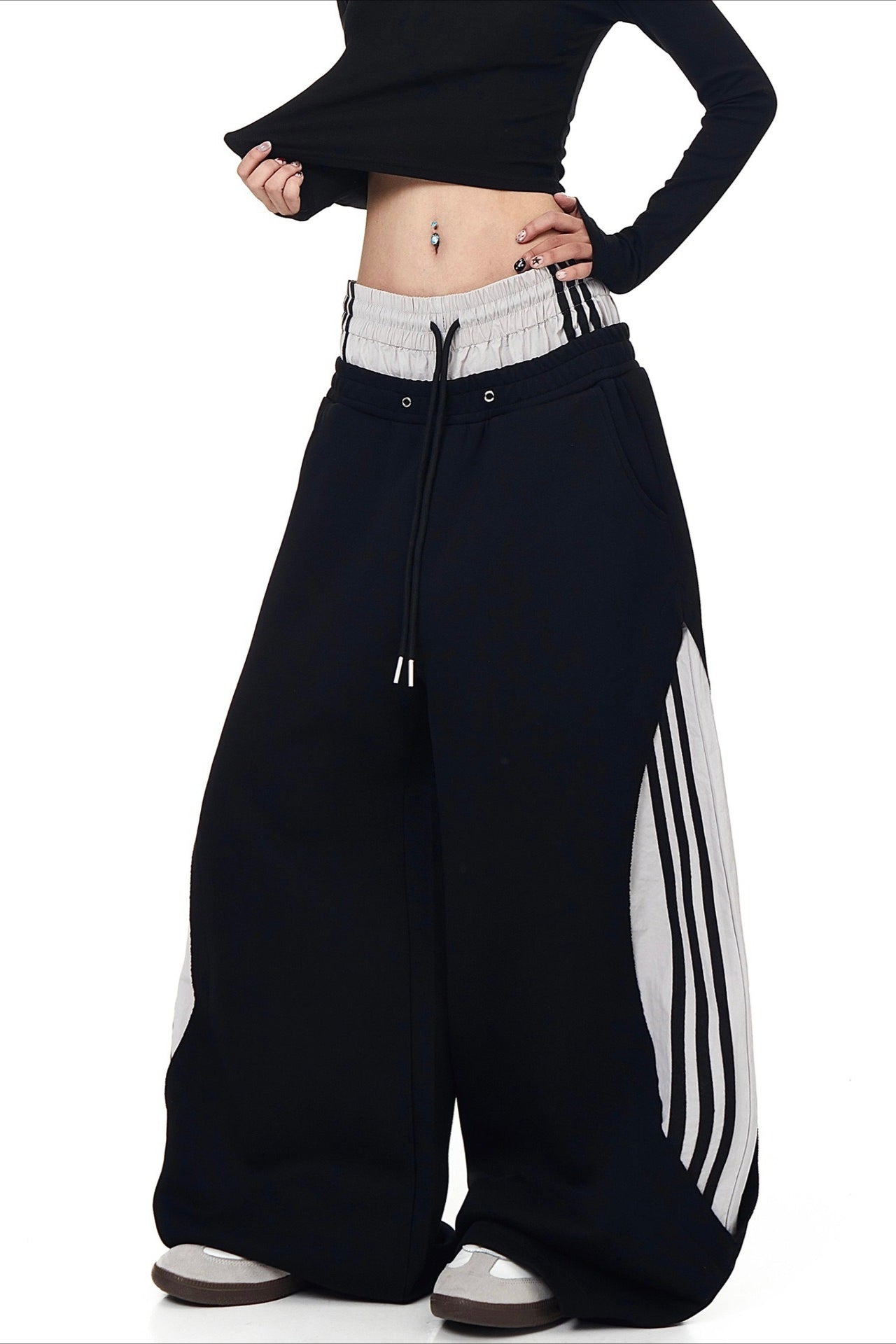 Double Waist Drawstring Stripe Pants