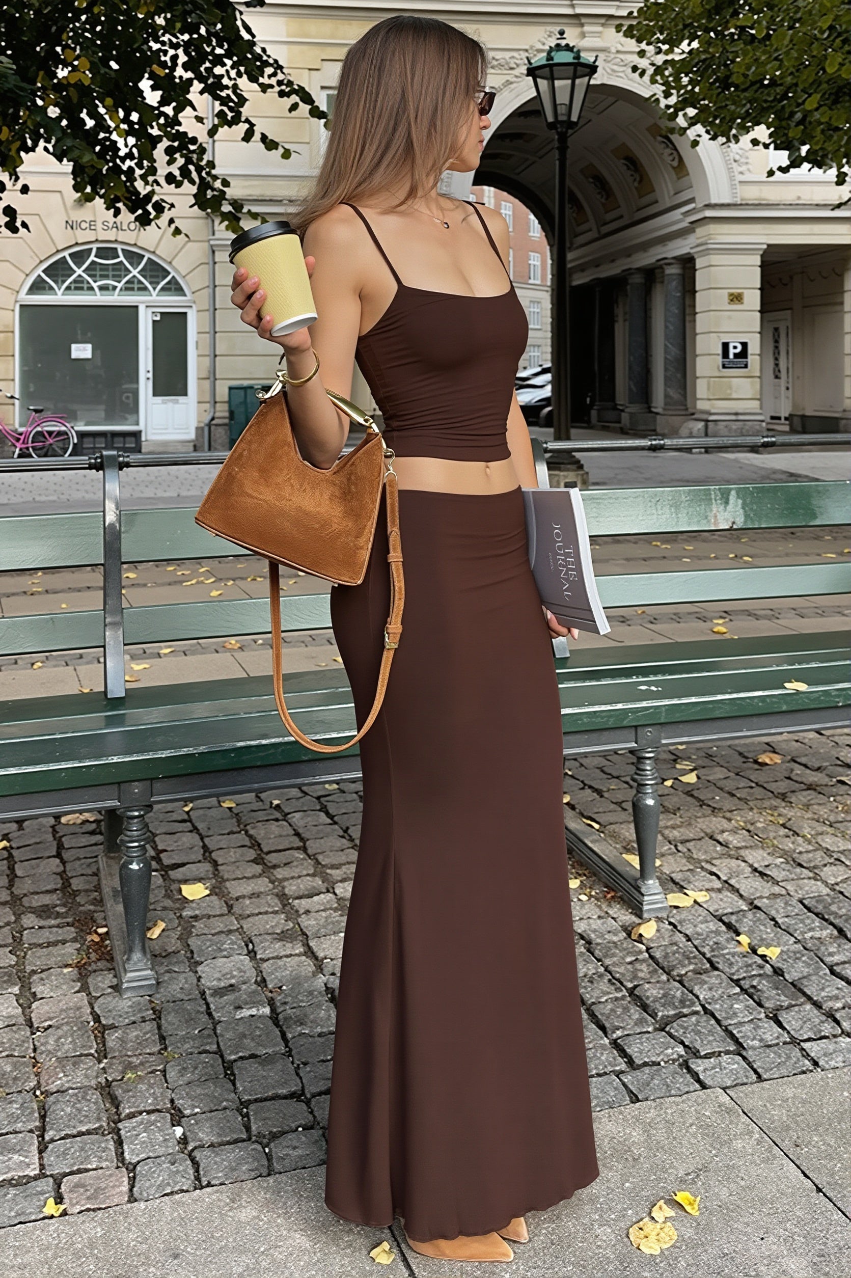 Elegant Solid Cami Top Pencil Skirt Two Piece Set