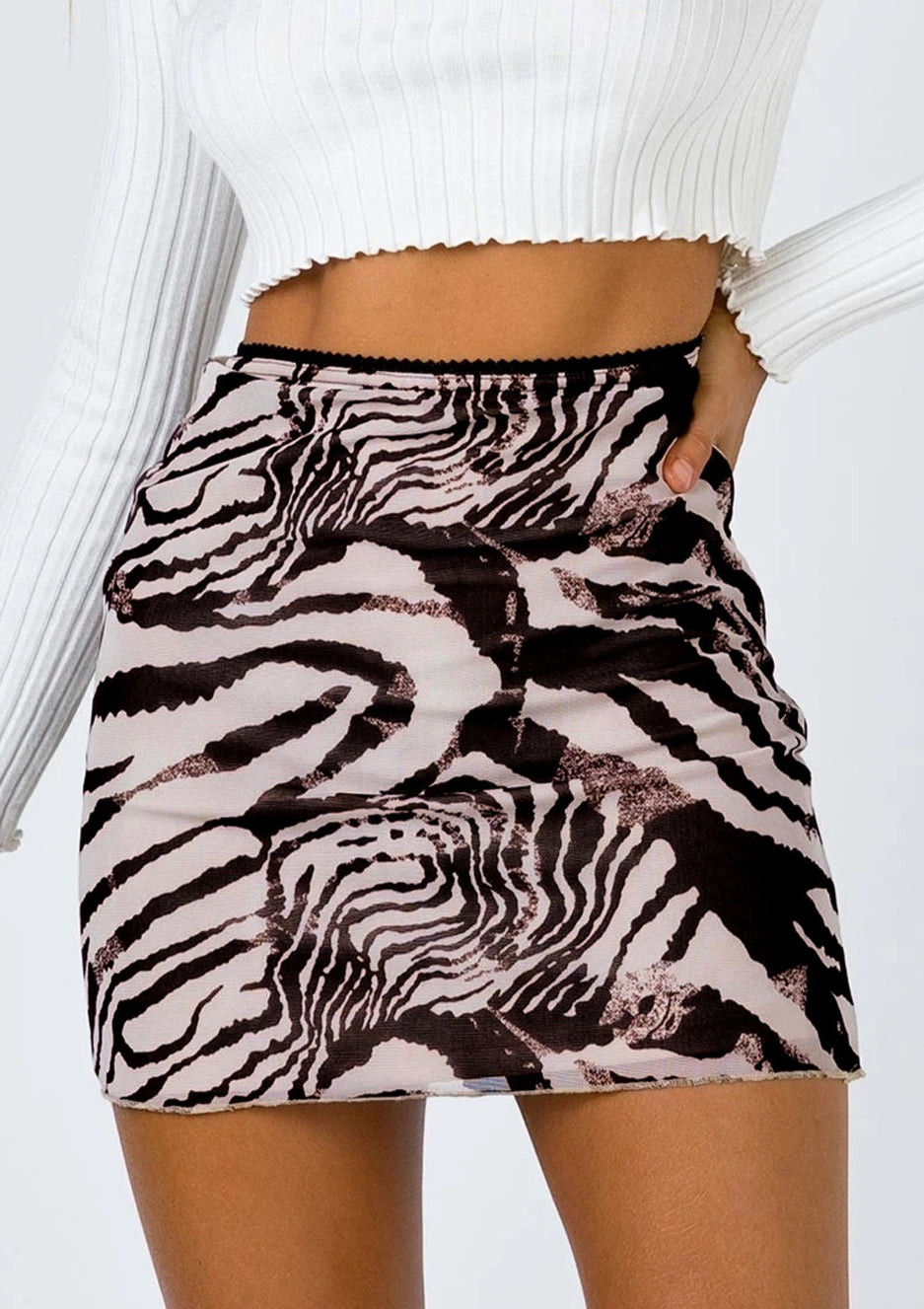 Printed Mesh Bodycon Mini Skirt