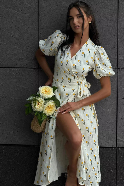 Printed Puff Sleeve Cotton Midi Dress