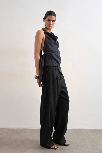Cowl Neck Backless Asym Draped Halter Top