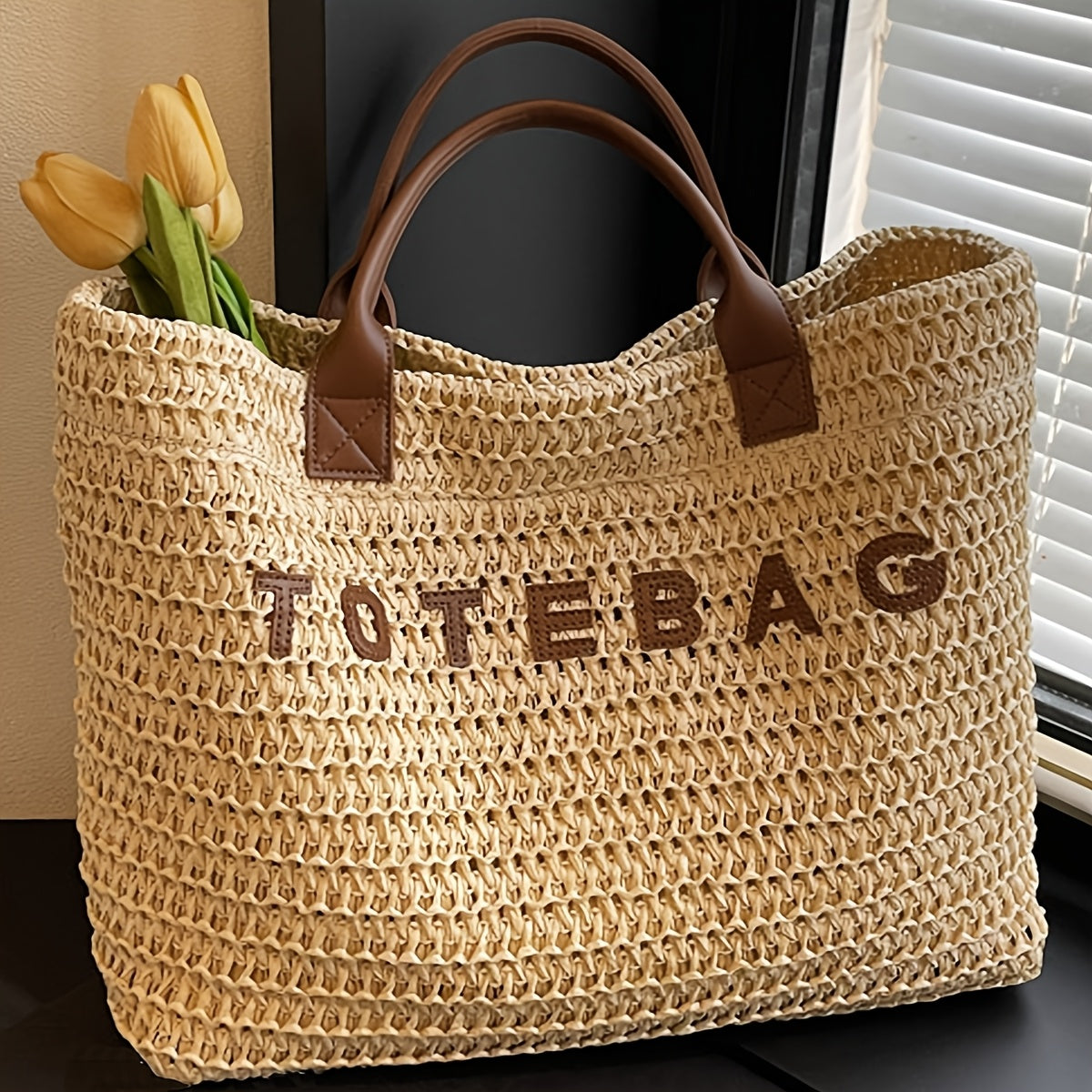 Large Woven Tote Bag with Leather Handles